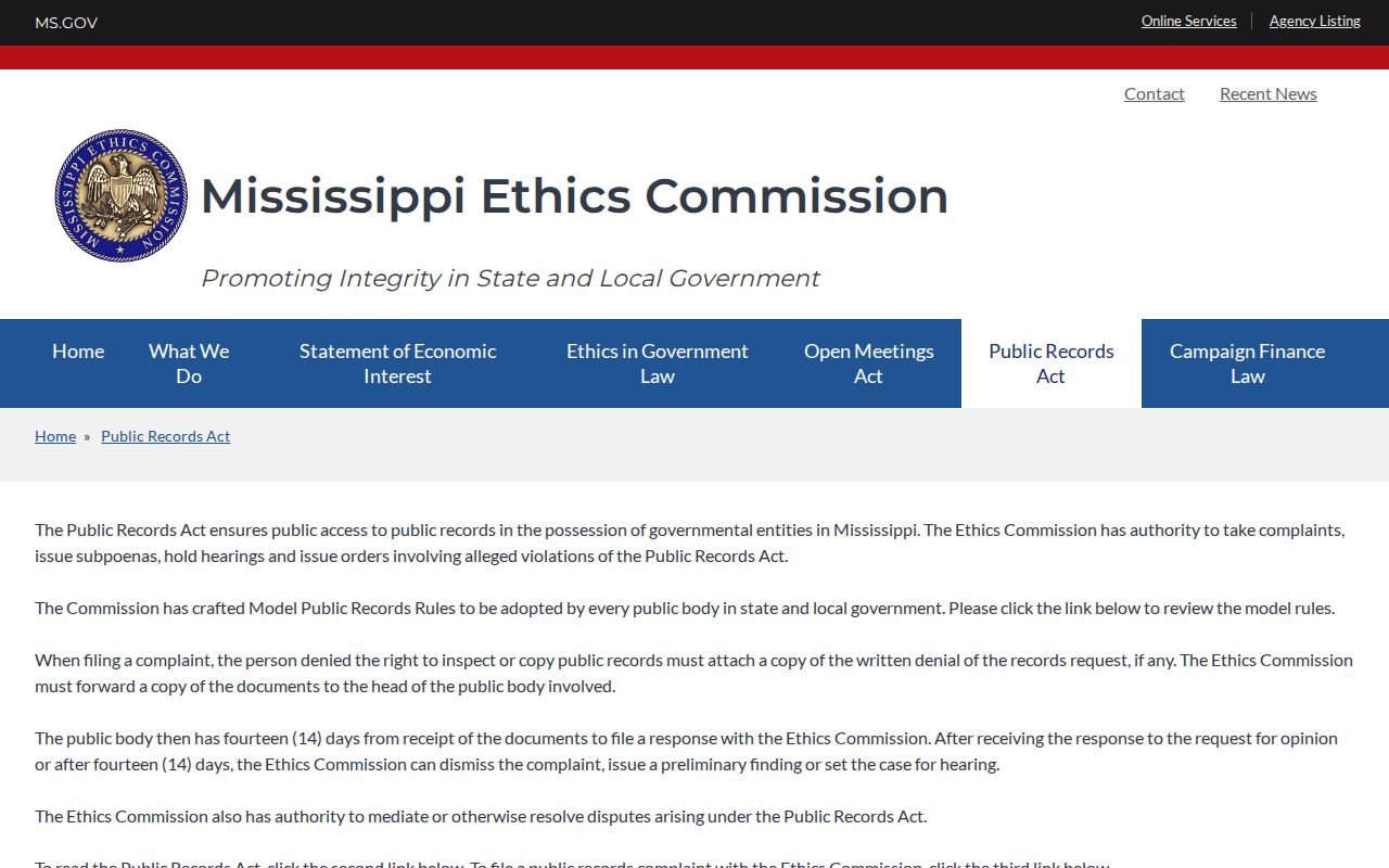 Mississippi public-records guidance for Carroll County 72-hour release requests